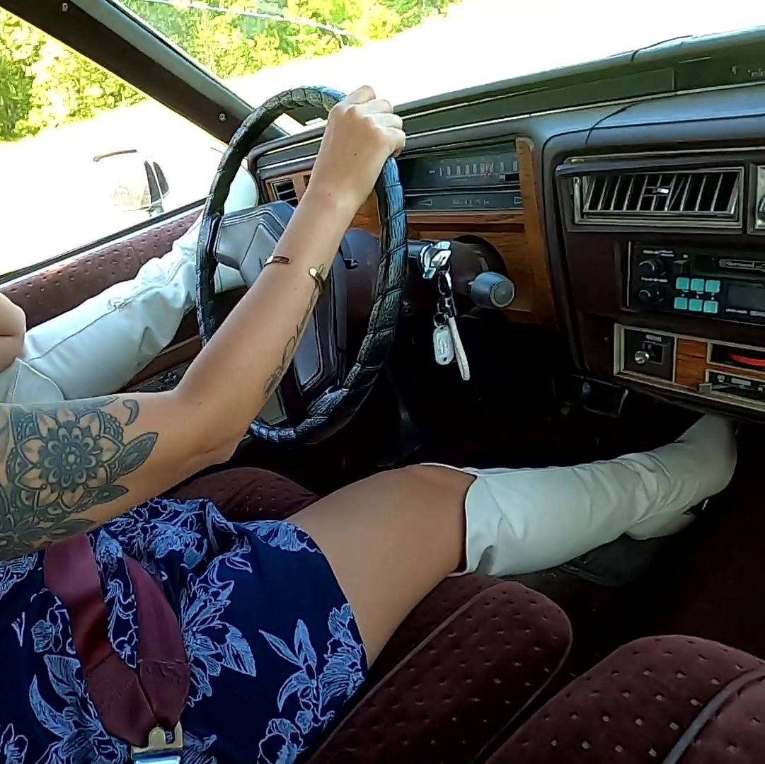 Jane Domino Blue Dress & White Boots Ride Along in the Caddy