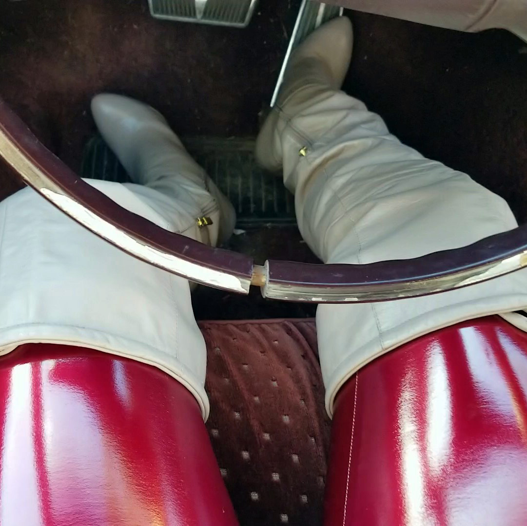 Jane Domino Waiting & Trying to Stall & Flood the Caddy Red PVC Pants